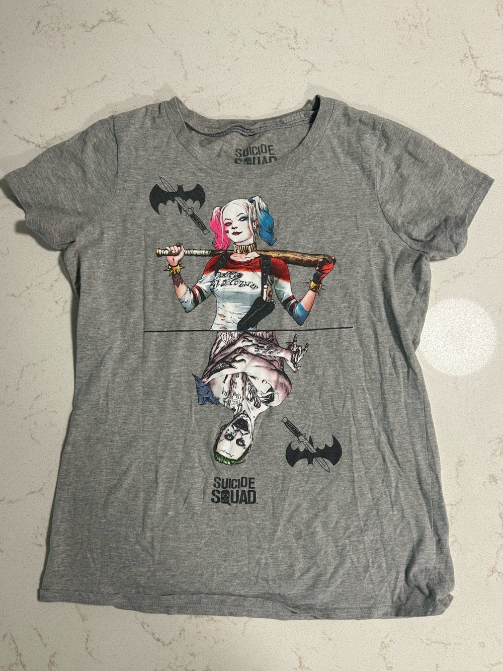 DC Comics Harley Quinn & Joker Short Sleeve Tee - Gray with Pink & Blue Accents